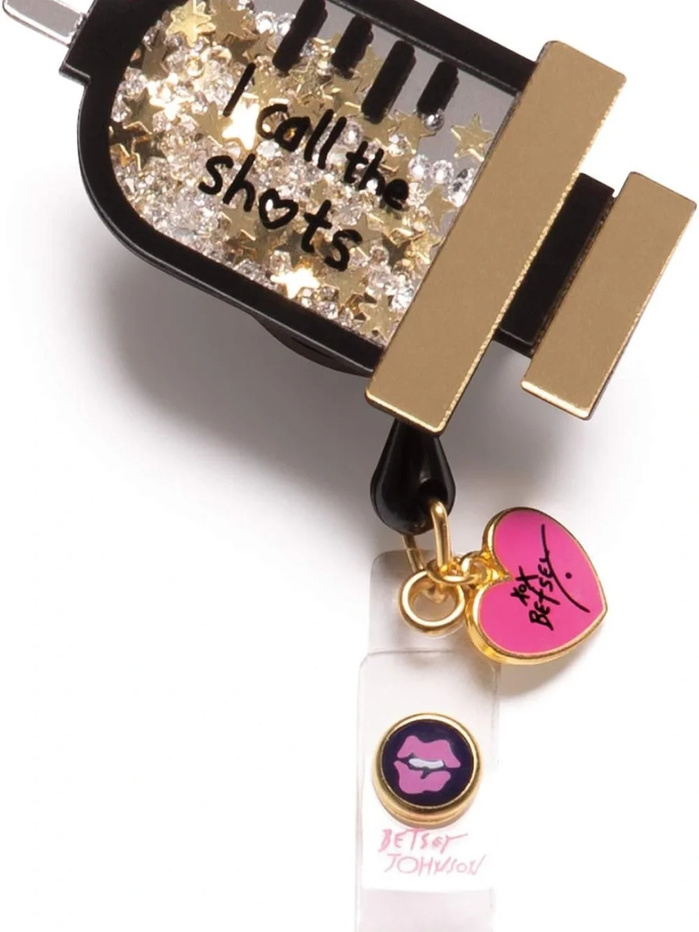 Betsey Johnson Black & Gold 'I Call the Shots' Shaker Keychain with Pink Charm